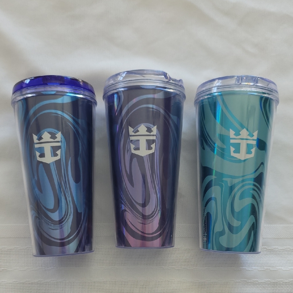 Royal Caribbean Insulated Coca-Cola Souvenir Cups with Lids And Chips Set Of 3